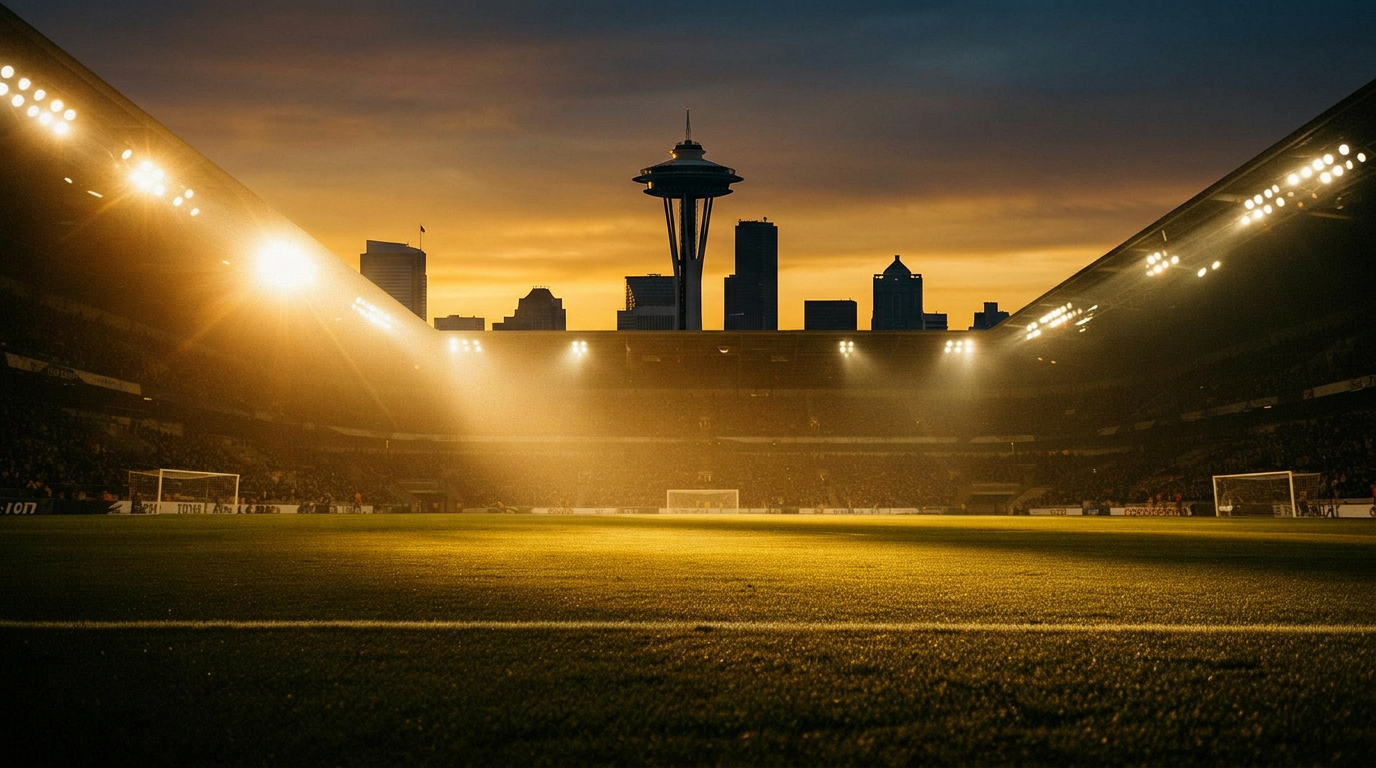 Stadium under floodlights at golden hour